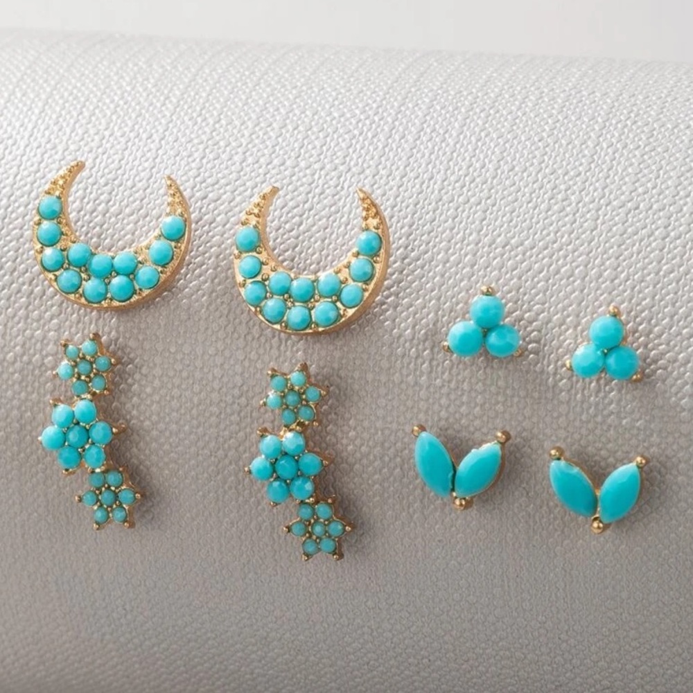 Set of 4 earrings boho turquoise studs moon blue - Picture 2 of 2